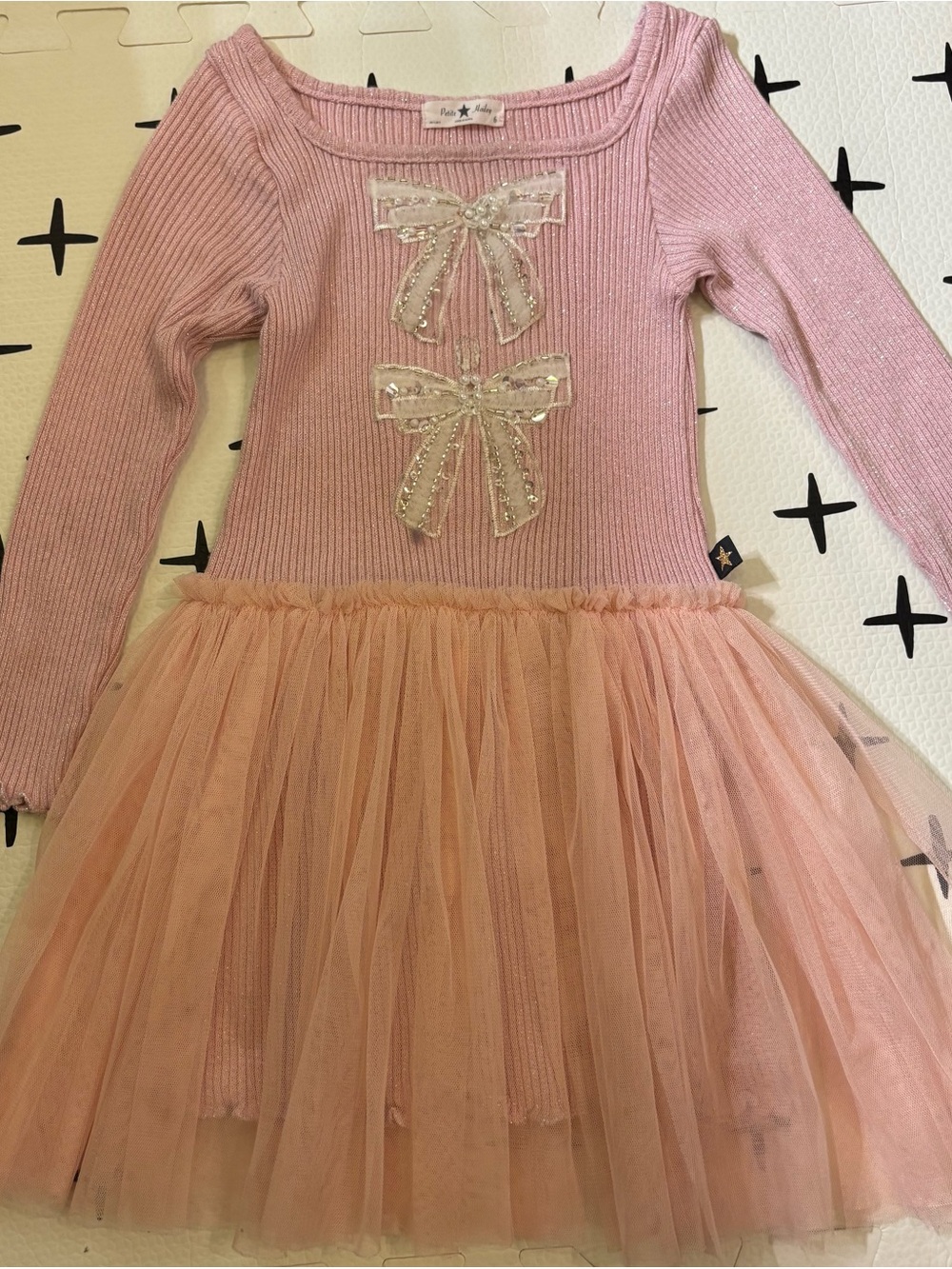 Girls Pink Knit Tulle Dress with Bow Appliqués